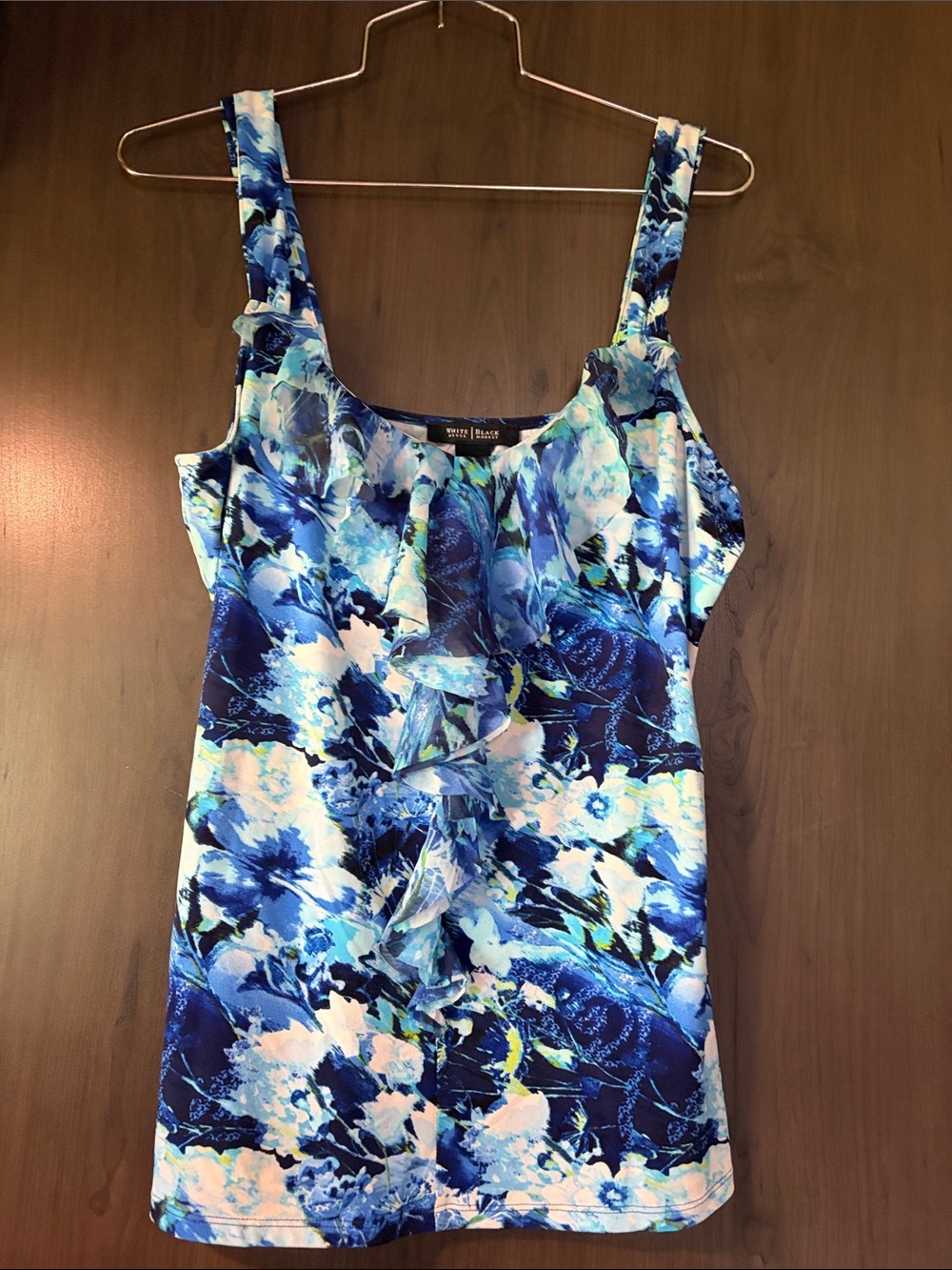 White House Black Market Blue & White Floral Ruffle Camisole